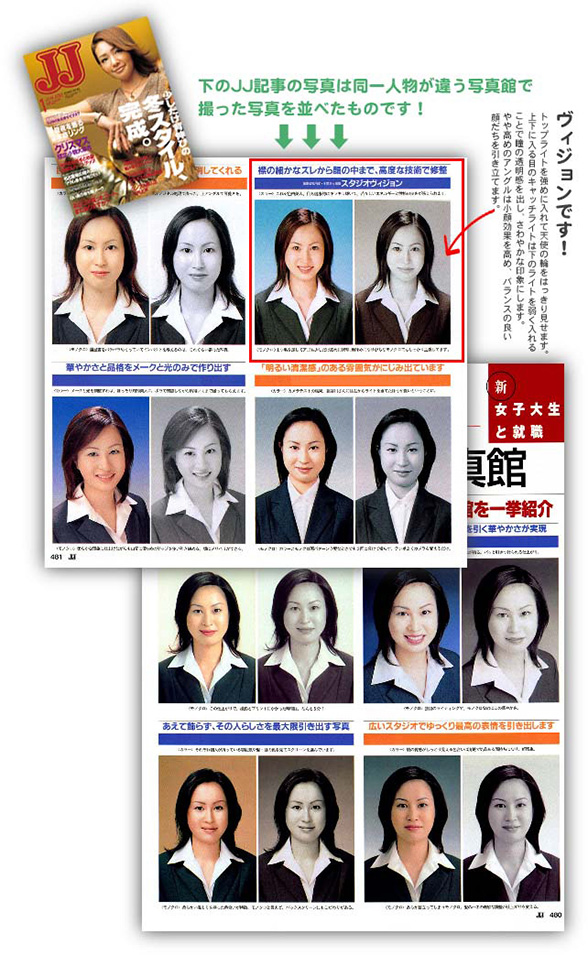 下のJJ記事の写真は同一人物が違う写真館で撮って写真を並べたものです！
